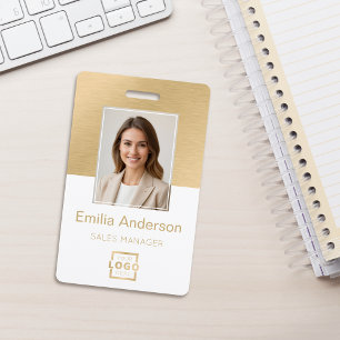 Badge Code QR Logo Photo ID Employé Blanc Or Brossé