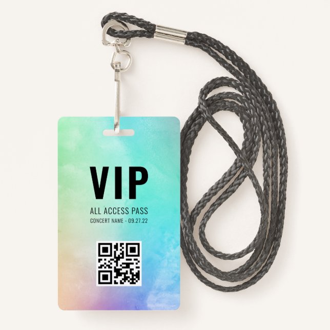 Badge Code QR personnalisé Pastel Rainbow VIP All Access (Devant avec lanière)