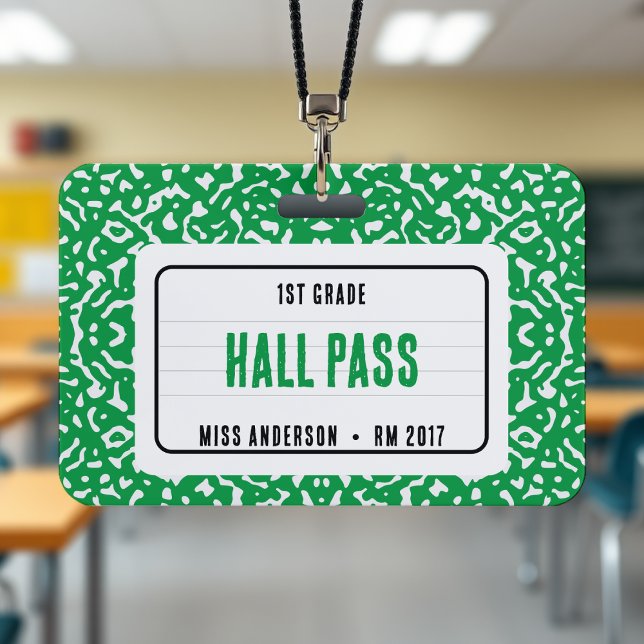 Badge Composition Carnet Salle de classe Pass Vert (Composition Notebook Classroom Hall Pass Green Badge
)