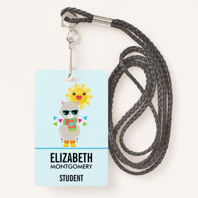 Badge Cool Llama et souriant Kawaii Sun (Devant avec lanière)