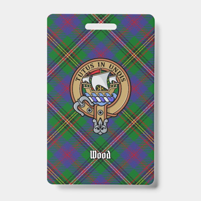 Badge Crête de Clan Wood sur tartan (Avant)