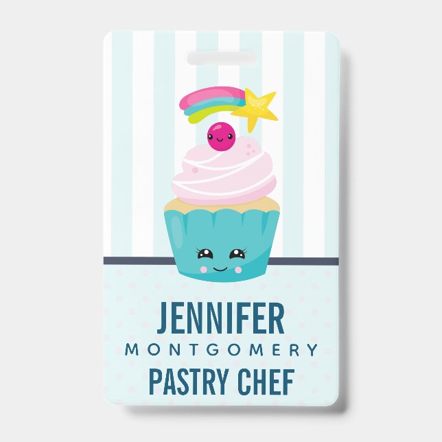 Badge Cupcake bleu mignon avec visage Kawaii (Avant)