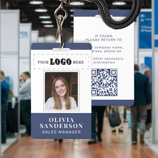 Badge Custom logo employee name title photo QR blue ID (Créateur téléchargé)