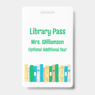 Badge Cute Books School Library Hall Pass