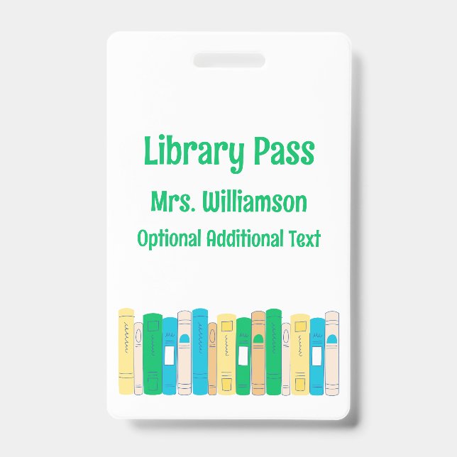 Badge Cute Books School Library Hall Pass (Face)