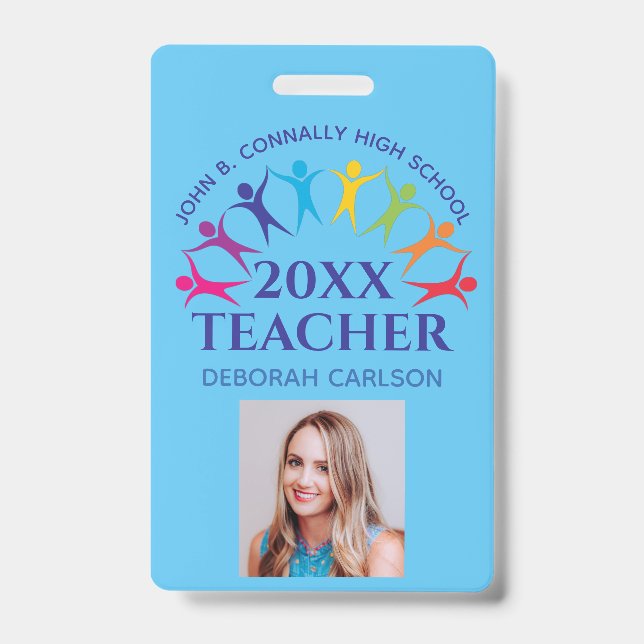 Badge Cute Custom School Teacher Rainbow Nom bleu (Avant)