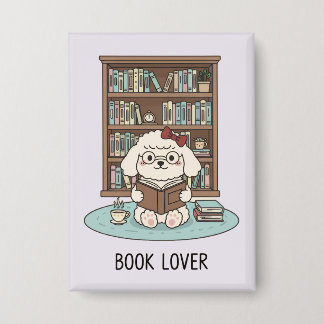 Badge Cute Poodle Puppy Dog "Book Lover" Pastel Button 