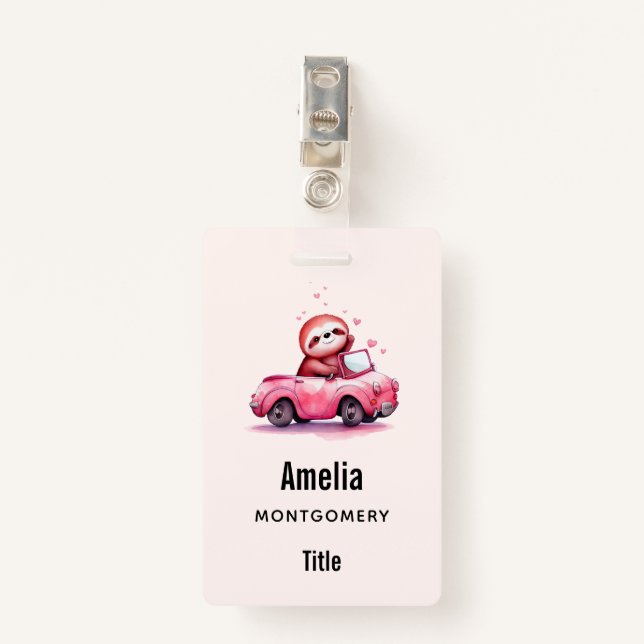 Badge Cute Sloth Driving a Pink Convertible (Devant avec clip)
