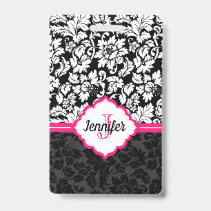 Badge Damas noir blanc et rose monogrammé