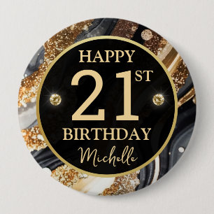 Badge d'anniversaire Black Gold Glitter Agate