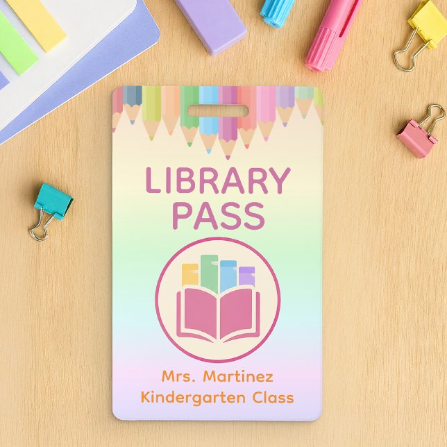 Badge de bibliothèque arc-en-ciel pastel pour les  (School Library Pass Badge)