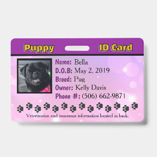 Badge de carte d'identité avec chiot - violet