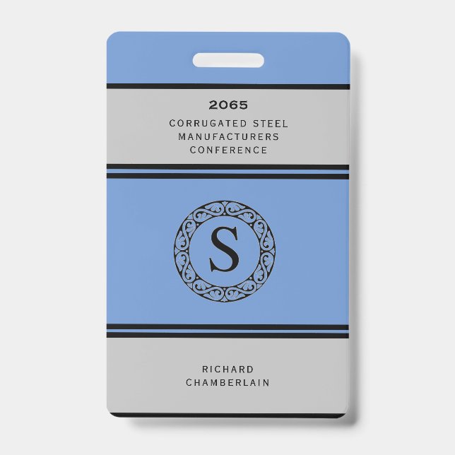 Badge de conférence bleu et gris avec logo (Avant)