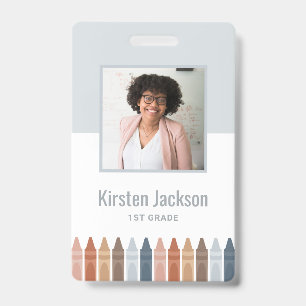 Badge de nom d'enseignant gris Boho Photo ID