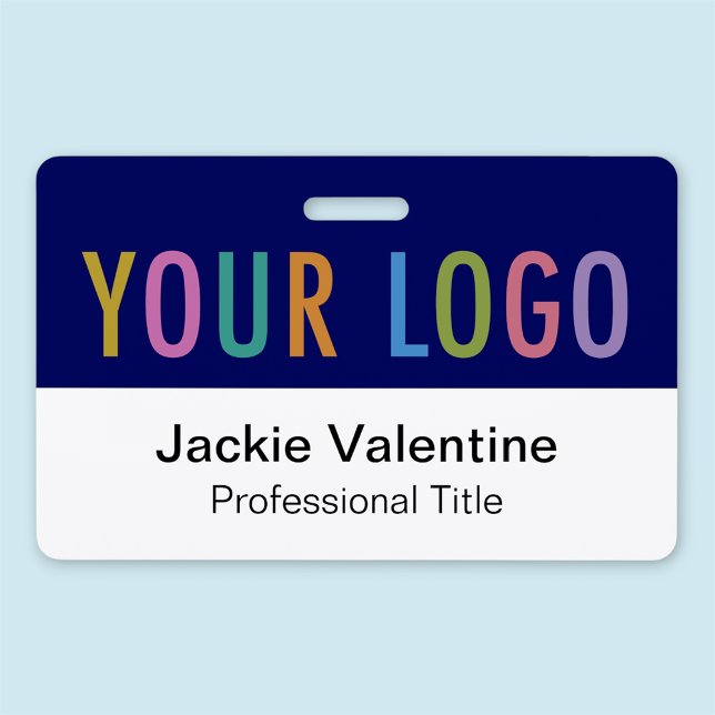 Badge de nom en PVC bleu avec logo horizontal pour (MISOOK Horizontal Employee Badge with Logo on Top Navy Blue)