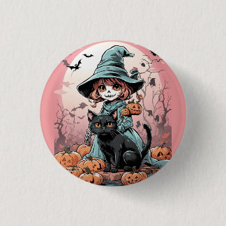 Badge de sorcière zombie Halloween avec chat noir