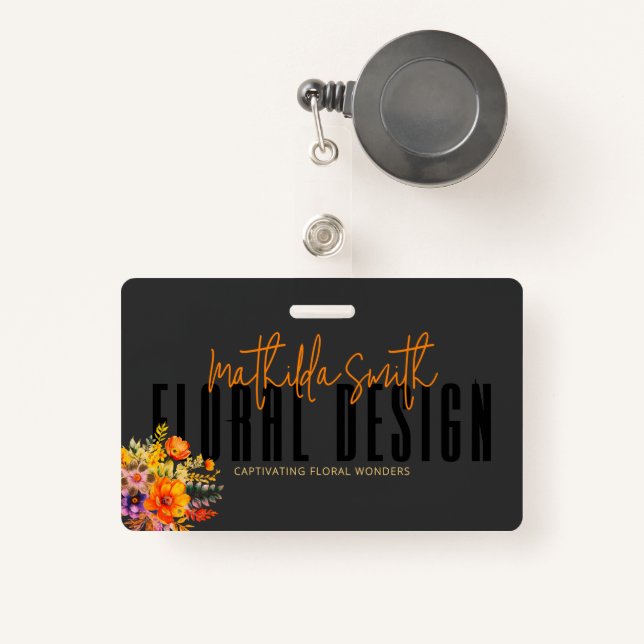 Badge Design floral sophistiqué Fleurs orange noire (Front with Retractable)