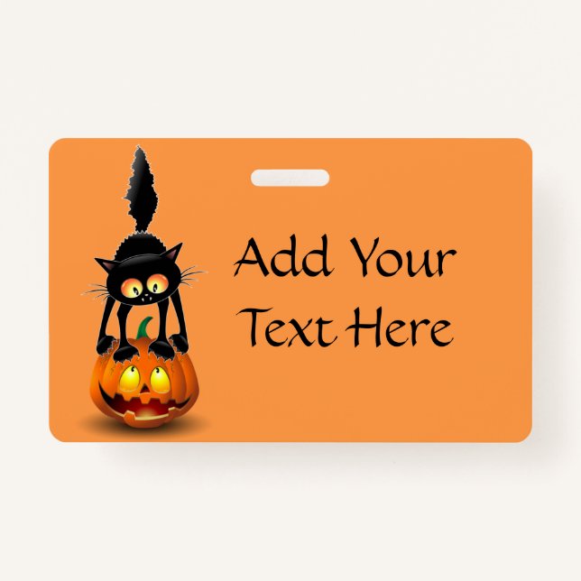 Badge Dessin d'Halloween au chat effrayé sur Citrouille (Devant)