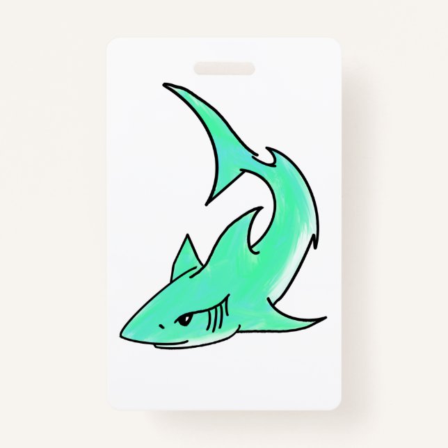 Badge dessin souriant requin menthe bleu vert océan anim (Devant)