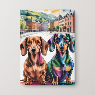 Badge Deux dachshunds colorés sur une place de ville eur