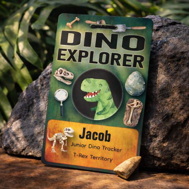 Badge d'Explorateur de Dinosaures pour Fête d'Enfa (Dino explorer birthday badge with fun prehistoric adventure vibes for kids and parties! Roar!)