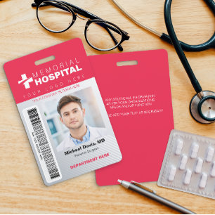 Badge d'hôpital rouge avec photo et code-barres