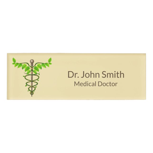 Badge D'identification Alternative Médicale Caduceus Vert Feuilles Beige (Devant)