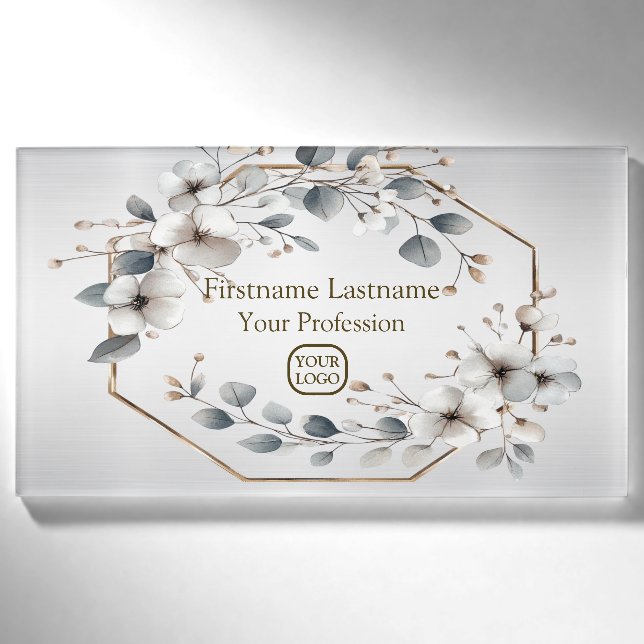 Badge D'identification Aquarelle Fleurs blanches Cadre doré Argent Turquo (Devant)