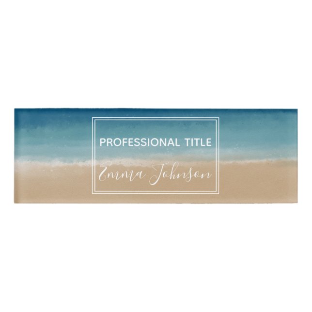 Badge D'identification Aquarelle moderne Gold Blue Beach (Devant)