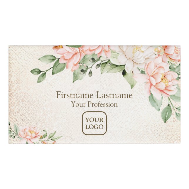 Badge D'identification Aquarelle Pêche Fleurs blanches Élégant (Devant)