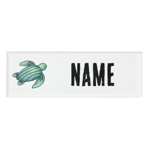 Badge D'identification aquarelle peinte caricature de tortue de mer bleu