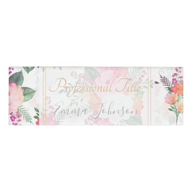 Badge D'identification Aquarelle rose Fleurs Design blanc (Devant)