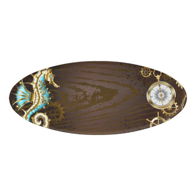 Badge D'identification Arrière - plan en bois avec cheval de mer mécaniqu (Devant)