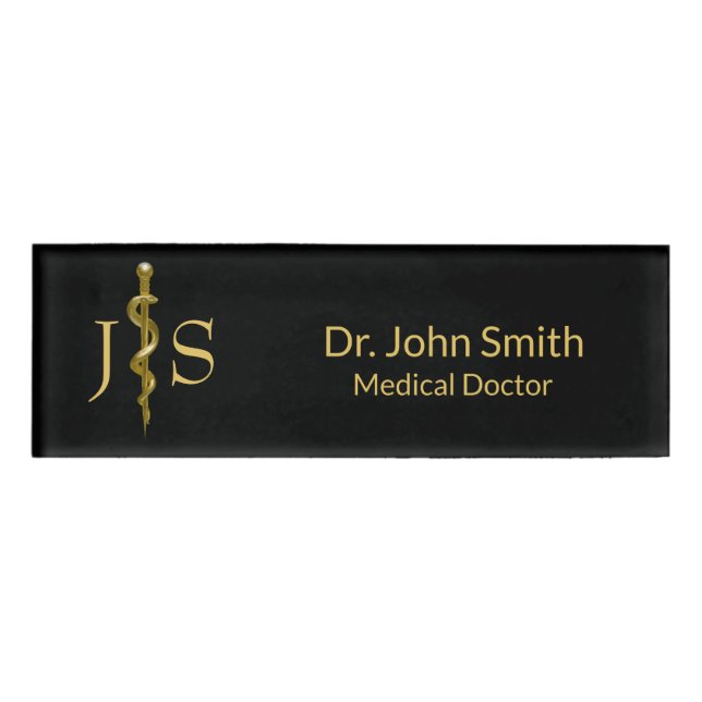Badge D'identification Baguette Médicale d'Asclepius Gold sur Noir (Devant)