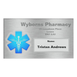 Badge D'identification Balise de nom argenté avec nom de pharmacie