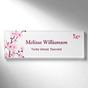 Badge D'identification Balise Nom de l'enseignant blanc rose blanc Fleur 