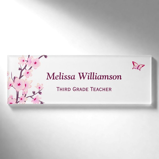 Badge D'identification Balise Nom de l'enseignant blanc rose blanc Fleur  (Devant)