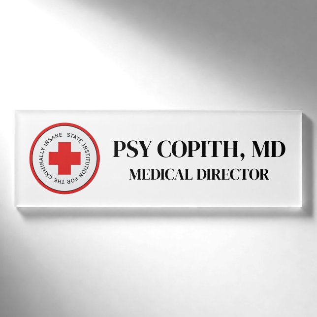 Badge D'identification Balise Nom du faux docteur Halloween Asile fou (Devant)