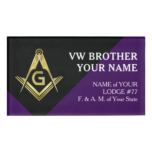 Badge D'identification Balises de nom maçonnique violet et or | Grand Lod (Devant)