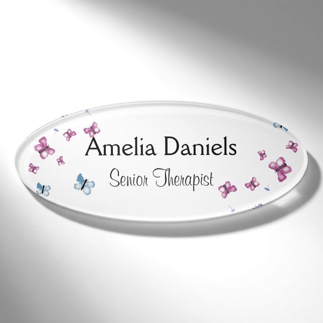 Badge D'identification Beau papillon rose et bleu (Devant)