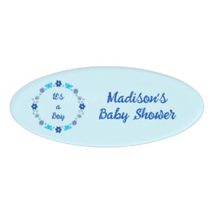 Badge D'identification Bébé bleu Papillons et Baby shower de fleurs