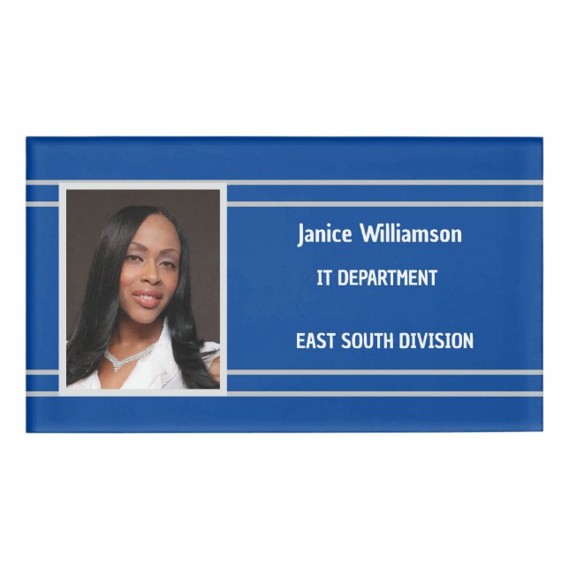 Badge D'identification Bleu royal avec bandes blanches Nom et photo (Devant)
