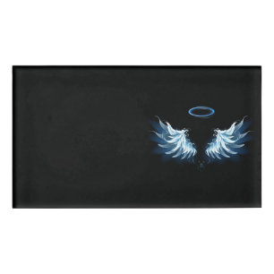 Badge D'identification Blue Glowing Angel Wings on black background