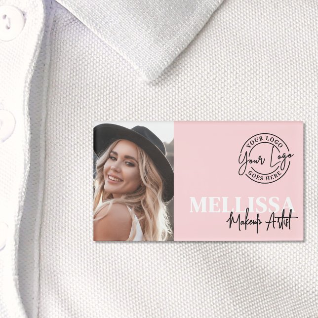 Badge D'identification Blush Pink Logo Photo Makeup (Blush Pink Script Logo Photo Makeup Name Tag)