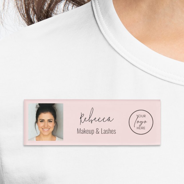 Badge D'identification Blush Pink Modern Photo Logo Makeup Studio  (Modern blush pink design with script typography, modern text and space for staff photo and your logo)