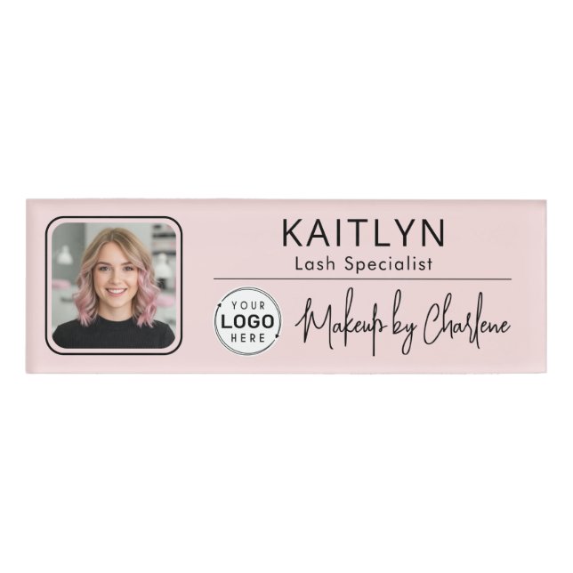 Badge D'identification Blush Pink Script Logo Photo Makeup (Devant)