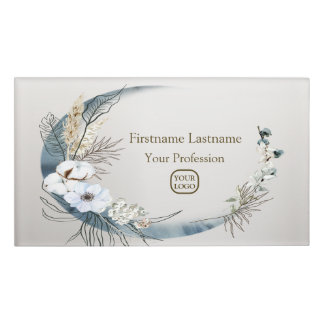Badge D'identification Boho Blanc Orchidée Fleurs Bleu Lune Élégant