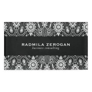 Badge D'identification Cadre en dentelle florale noir et blanc