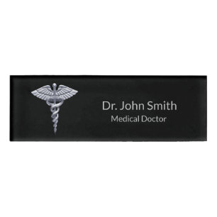 Badge D'identification Caducée Médicale en argent sur Black Classy