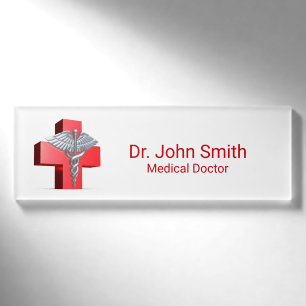 Badge D'identification Caduceus 3D Médicale Croix Rouge Argent